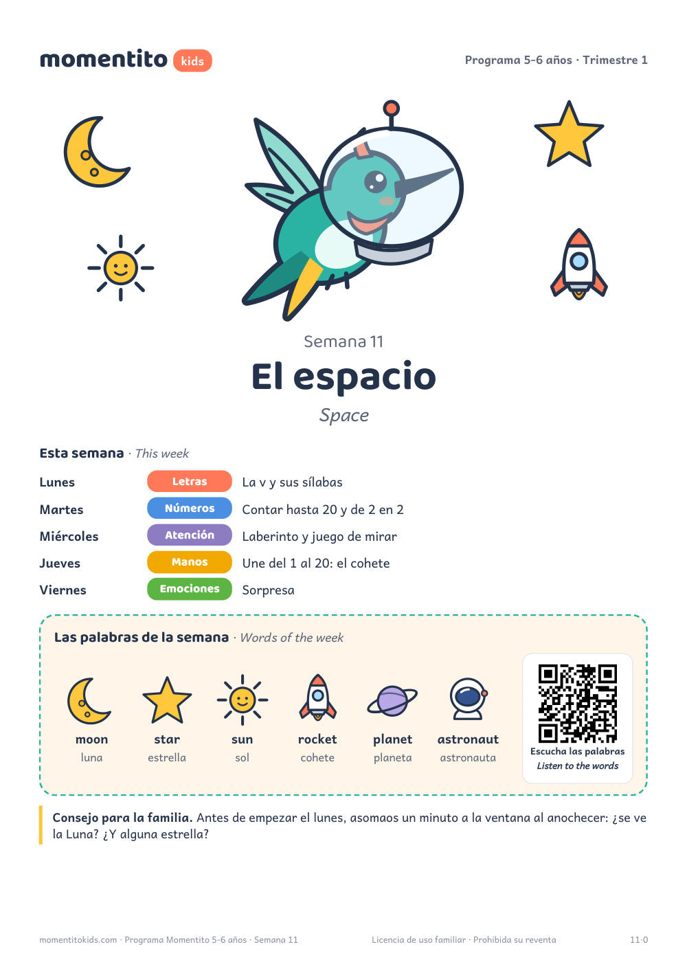 Portada de la semana con el vocabulario y el QR del audio